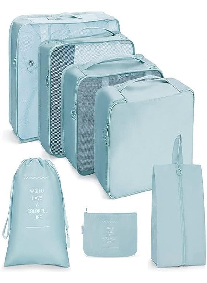 LAYZOO Travel Organizer 7 in 1 Travel Laundry Cosmetics Luggage Packing Organizers Set Makeup Bags Organizer Packing Cubes with Shoe Bag for travel, Nylon (Light Blue) - Image 1